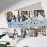 Modern fotokollage Spara datum - blått Spara Datumet<br><div class="desc">Plocka det bästa bilderna från förlovningen eller bilderna av de två för den här perfekten sparar datumet. Ord sparar datumet och skriver till ge för hand ett personligt märke till kortet. Framsidan har 6 bilder och baksidan har en stor bild med ett vitt filter överst. Redigera det här alternativet om...</div>