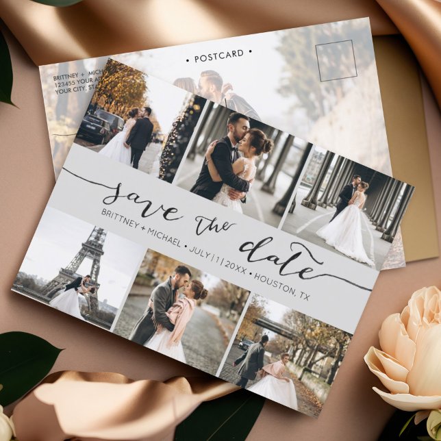 Modern fotokollage Spara datum Grått Meddelande Vykort (Save the Date hand lettered minimalistic photo collage postcard with photo on the back.)