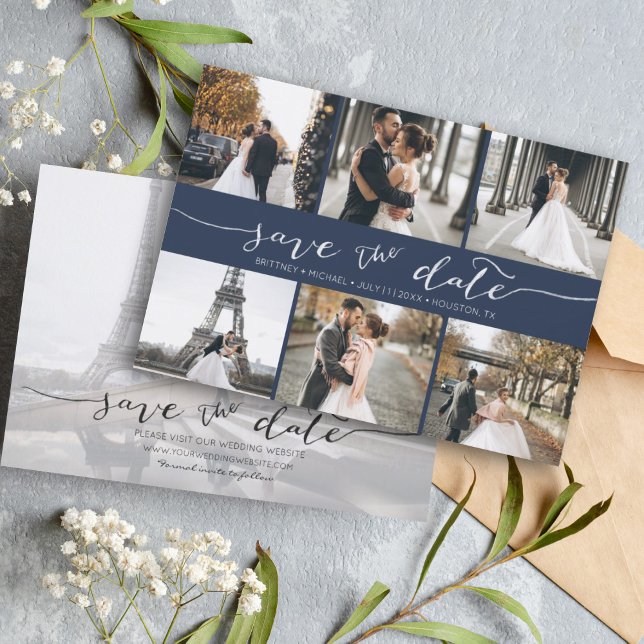Modern fotokollage Spara datum, marinblå Datumet (Modern Save the Date card featuring 6 photos and a hand lettered font for a minimalistic design.)