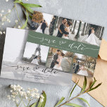 Modern fotokollage Spara datum Mörk Sage Spara Datumet<br><div class="desc">Plocka det bästa bilderna från förlovningen eller bilderna av de två för den här perfekten sparar datumet. Ord sparar datumet och skriver till ge för hand ett personligt märke till kortet. Framsidan har 6 bilder och baksidan har en stor bild med ett vitt filter överst. Redigera det här alternativet om...</div>