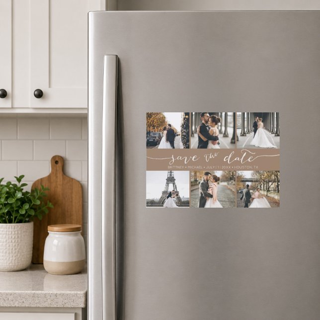Modern fotokollage Spara datum Taupe (Elegant taupe six photo save the date magnet featuring modern handwritten script typography )