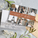 Modern fotokollage Spara datum Terracotta Datumet<br><div class="desc">Plocka det bästa bilderna från förlovningen eller bilderna av de två för den här perfekten sparar datumet. Ord sparar datumet och skriver till ge för hand ett personligt märke till kortet. Framsidan har 6 bilder och baksidan har en stor bild med ett vitt filter överst. Redigera det här alternativet om...</div>