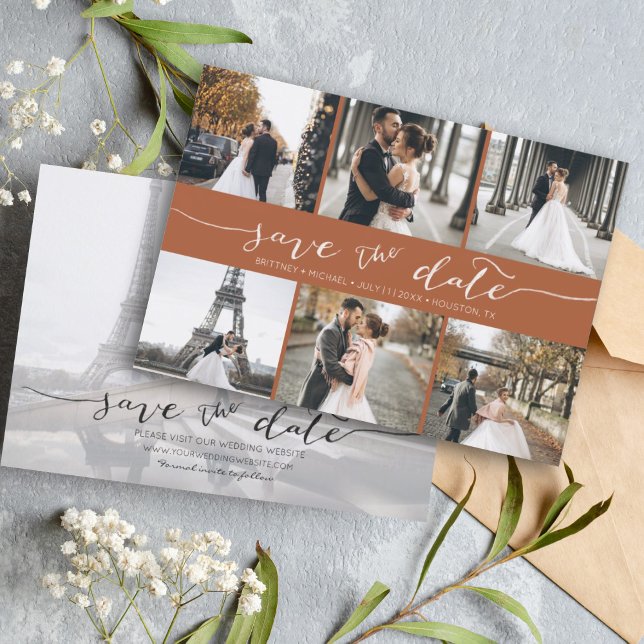 Modern fotokollage Spara datum Terracotta Datumet (Modern Save the Date card featuring 6 photos and a hand lettered font for a minimalistic design.)