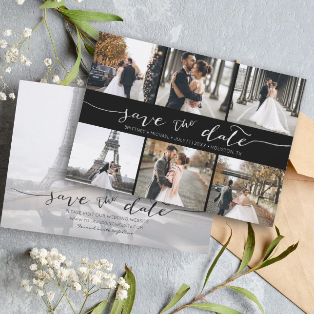 Modern fotokollage Spara datumsvart Spara Datumet (Modern Save the Date card featuring 6 photos and a hand lettered font for a minimalistic design.)