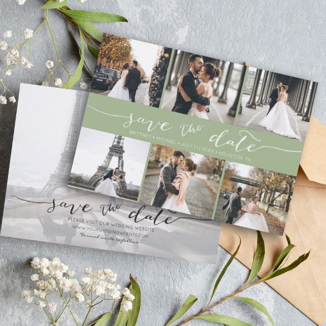 Modern fotokollage Spara Grönten Datumöverföring Spara Datumet (Modern Save the Date card featuring 6 photos and a hand lettered font for a minimalistic design.)