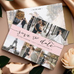 Modern fotokollage Spara  Rosa för datum Meddelande Vykort<br><div class="desc">Plocka det bästa bilderna från förlovningen eller bilderna av de två för den här perfekten sparar datumet. Ord sparar datumet och skriver till ge för hand ett personligt märke till kortet. Framsidan har 6 bilder och baksidan har en stor bild med ett vitt filter överst. Redigera det här alternativet om...</div>