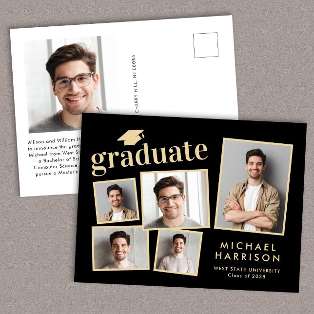 Modern Fotokollage Svart Guld Examen Meddelande Vykort (Cherish the milestone: share your graduate's achievement with a custom photo graduation announcement)