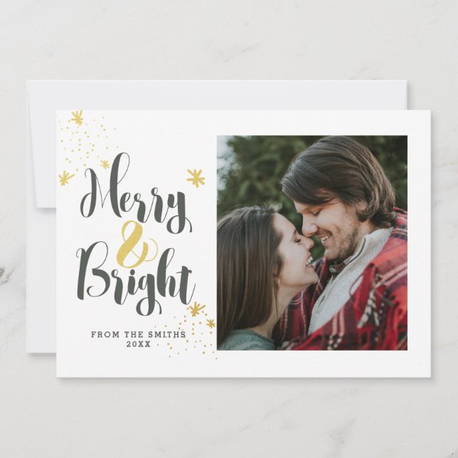 Modern fotokort för Merry & Bright Guld Julkort (Framsida)