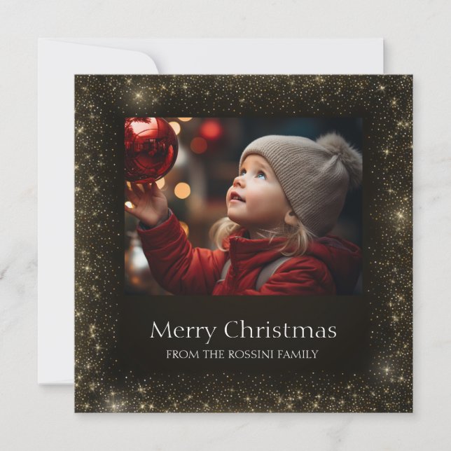 Modern fotokort för svart och Guld-faux-Glitter Julkort (Framsida)