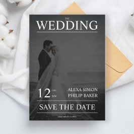 Modern fotomagasinomslag, calligraf bröllop inbjudningar