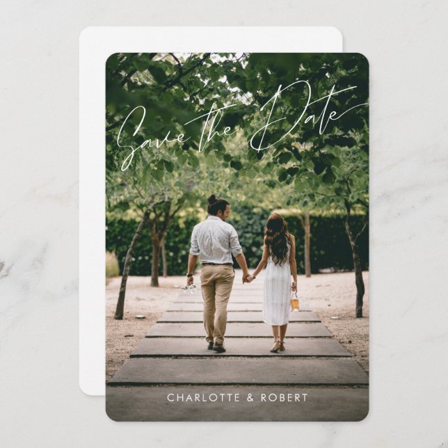 Modern fotomall för skript Bröllop spara datum Spara Datumet (Fram/baksida)