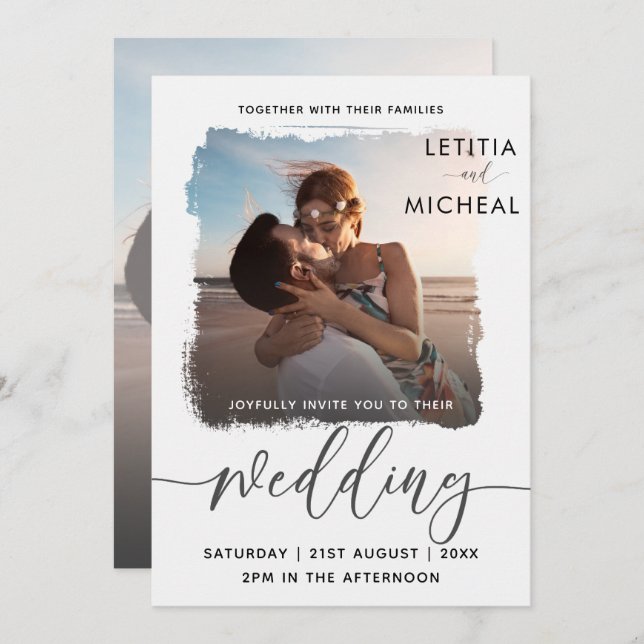 Modern fotomall för svartvitt Bröllop Inbjudningar (Fram/baksida)