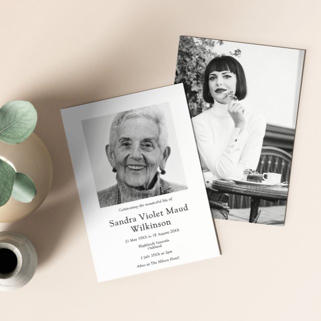 Modern fotominimalist firande i livet inbjudningar (MODERN MINIMAL BLACK AND WHITE FUNERAL INVITATION )