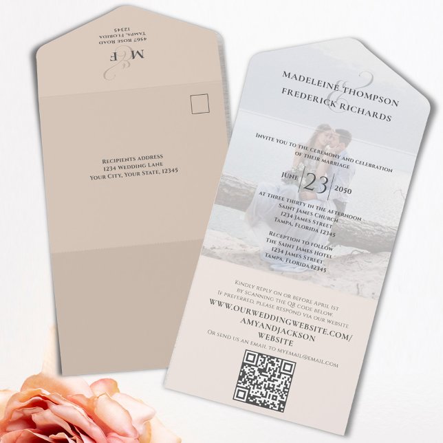 Modern fotominimalistisk , enkel QR-kodOSA (Elegant simple blush All in One wedding invitation with QR Code. )