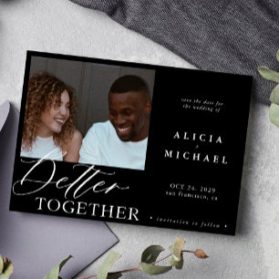 Modern fotominimalistisk svart skript chic bröllop spara datumet