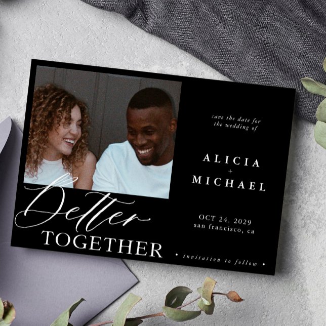 Modern fotominimalistisk svart skript chic bröllop spara datumet (Skapare uppladdad)