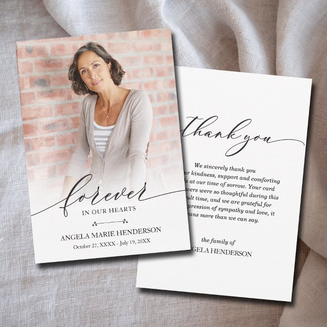 Modern fotominnessympati tack kort (Forever in our Hearts celebration of life photo flat thank you cards 3.5" x 5" (or larger))