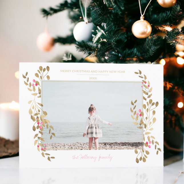 Modern fotomistletote Jul guld ram vit Julkort (Modern photo mistletoe Christmas gold frame white Holiday Card)