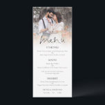 Modern fotoöverlägg, Elegant Bröllop Meny<br><div class="desc">Menyn Modern Photo Overlay Elegant Script Bröllop. En informell teckenuppsättning i svart för huvudmenyn som kompletterar resten av texten som du lätt kan anpassa. Byt ut exempelfotot mot din egen favorit.</div>