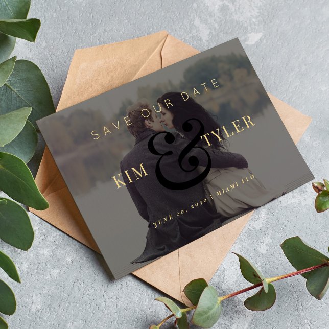 Modern fotoöverlägg svart guld bröllop spara datumet (Skapare uppladdad)