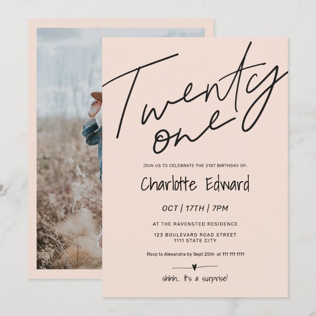 Modern fotoöverraskning 21:a födelsedag  rosa inbjudningar (Fram/baksida)