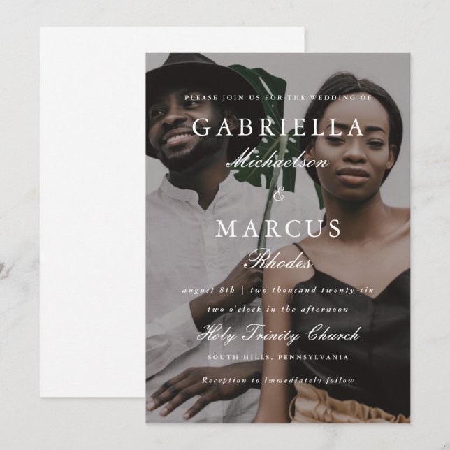 Modern fotoövertäckning och enkel typografi Bröllo Inbjudningar (Fram/baksida)