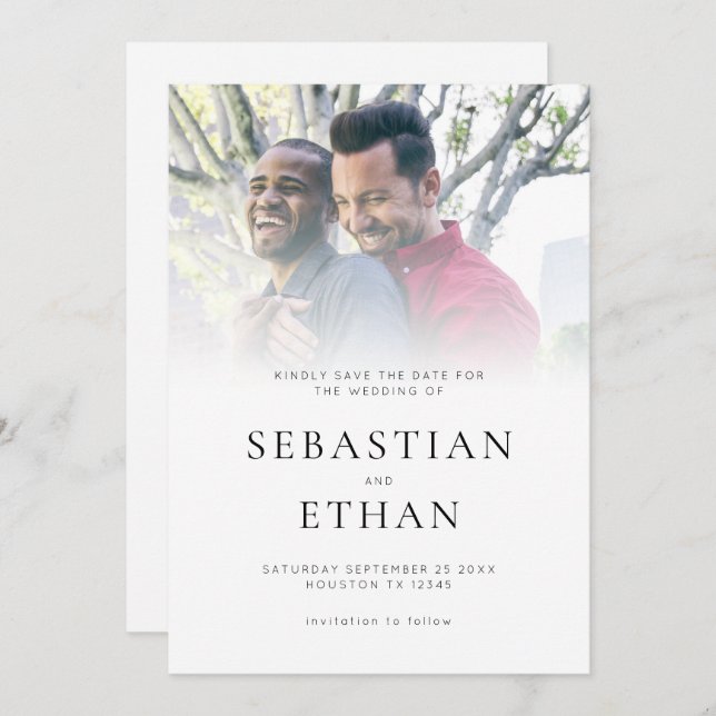 Modern fotoövertäckning QR Gay Bröllop spara datum Spara Datumet (Fram/baksida)