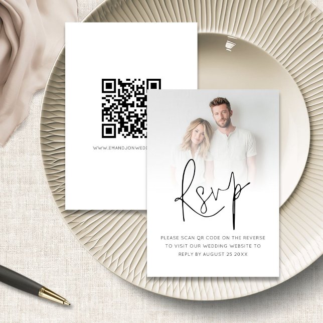 Modern fotoövertäckning Skript QR-kod Bröllop OSA Kort (Front and back view)