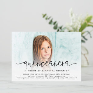 Modern fotoövertäckningsskript Quinceañera Inbjudningar