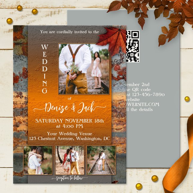 Modern fotopappröllbröllop för industridesign inbjudningar (Industrial design wedding invitation featuring 4 of your own photos framed by weathered metal)