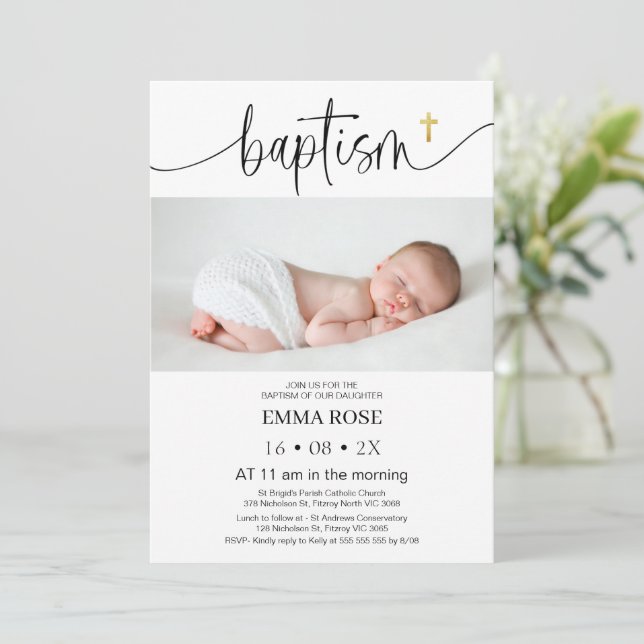 Modern fotopatkalligrafi-baptism inbjudningar (Stående Fram)