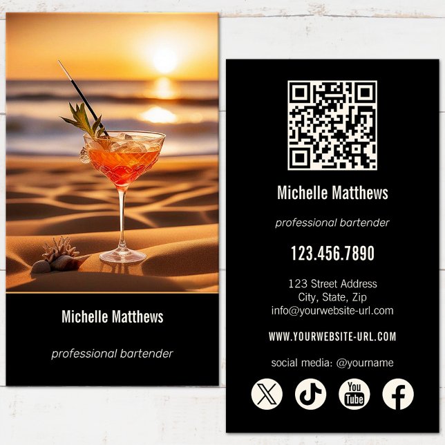 Modern fotoprofessionell bartender cocktail visitkort (Professional bartender business card with image of a cocktail on the beach or your photo - QR code)