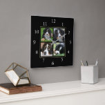 Modern fotosamling i svart anpassningsbar i familj fyrkantig klocka<br><div class="desc">Familjefotokollage på svart bakgrundsklocka. Lägg till egna personliga foton för att anpassa klockan.</div>