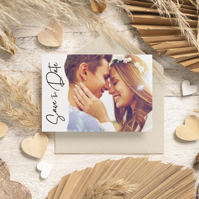 Modern fotoskript Bröllop spara datum Datumet (Modern Photo Script Wedding Save The Date)