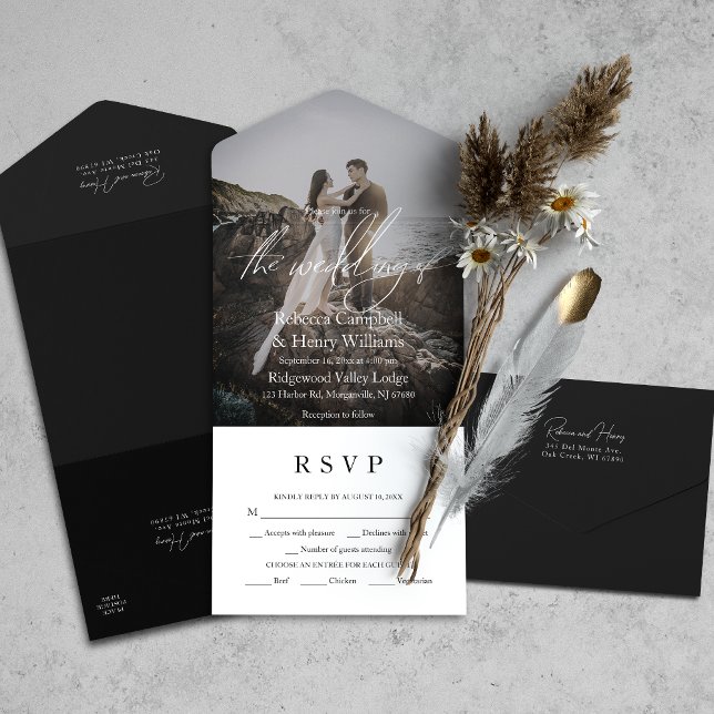 Modern fotoskript OSA Entree Black Bröllop (All-in-one wedding invitation with QR code to RSVP - Simplify and save time for you and your guests.)