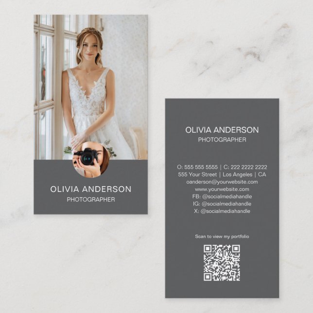 Modern fotoskrivare 2 Foton QR-kod - enkel Grått Visitkort (Fram/baksida)