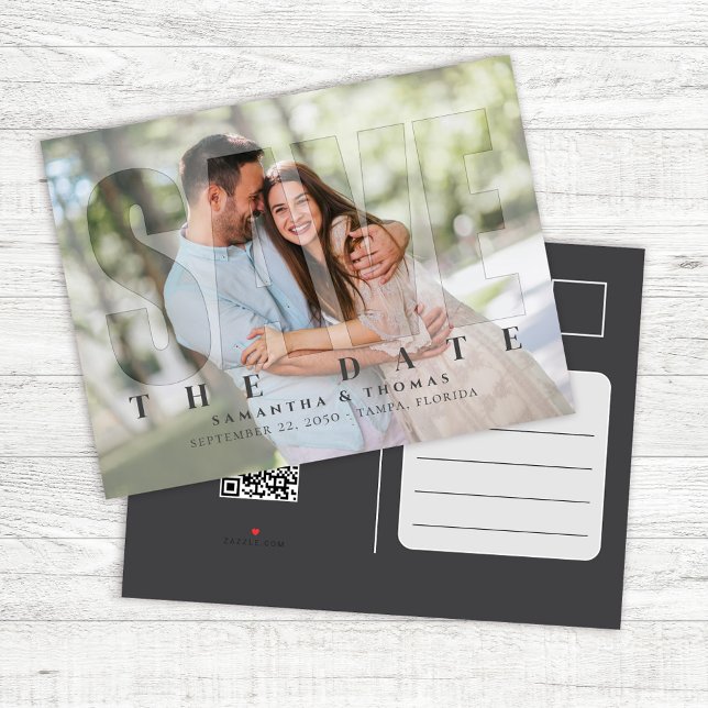Modern fotospara Anpassningsbarna Datum Bröllop Meddelande Vykort (Wedding save the date photo postcard template.)