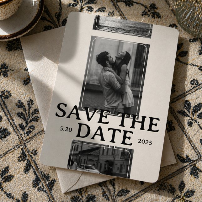 Modern fotostödraster med fetstilt serif Spara dat Inbjudningar (Modern Photo Grid with Bold Serif Save the Date Invitation)
