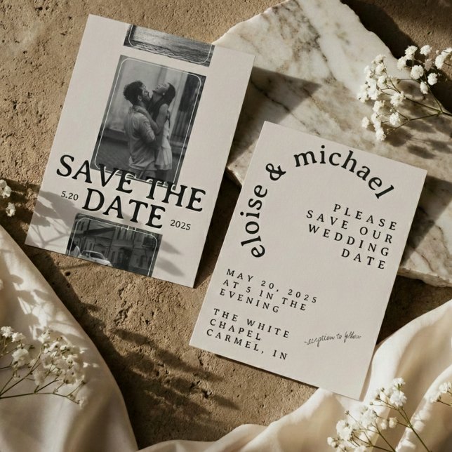Modern fotostödraster med fetstilt serif Spara dat Inbjudningar (Modern Save the Date Card featuring a striking photo grid layout and bold serif typography.)