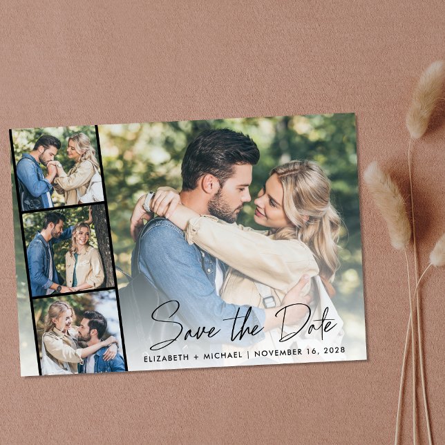 Modern fotostrippsamling spara datumet (Celebrate your love story with a save the date showcasing your photo in a photo strip frame)