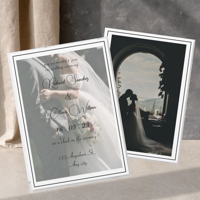 Modern fotosvart och vitt skript inbjudningar (classy simple photo black and white invitation)