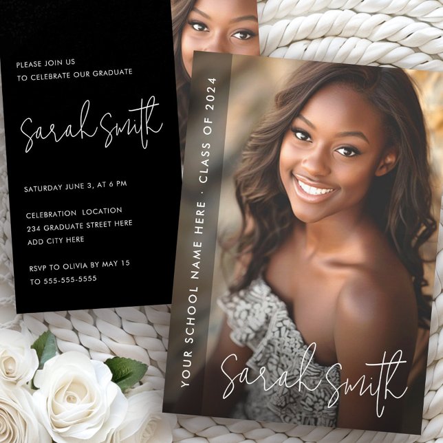 Modern fotosvart studentfest inbjudningar (Modern photo black graduation party invitation)