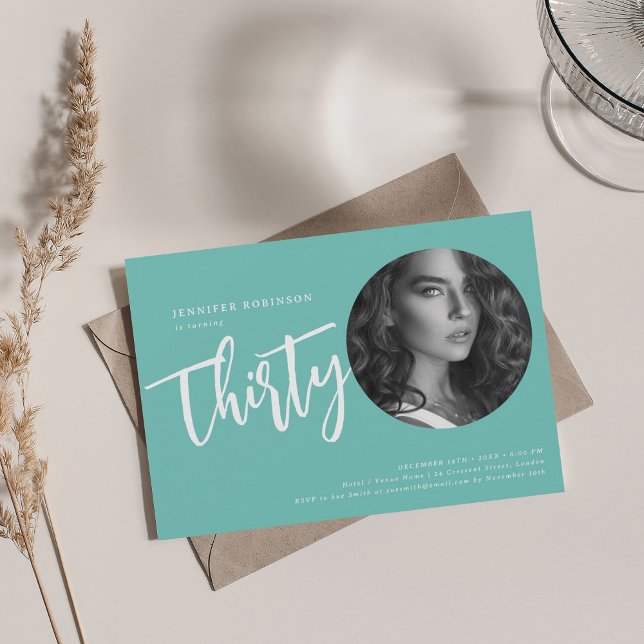Modern fotot 30års födelsedag Party Teal Inbjudningar (Modern Script Photo 30th Birthday Party Teal Invitation)