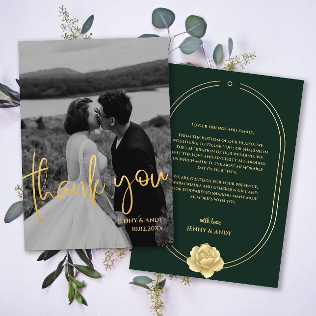 Modern Fototackkort för Tacksamhet i Smaragd Guld Meddelande (Emerald Gold Script Modern Photo Thank You Card)