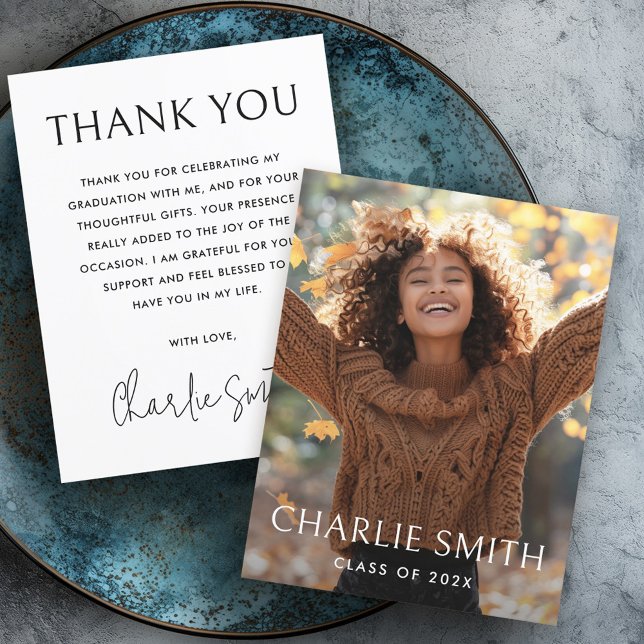 Modern fotovit studenten tack kort (Modern photo white graduation thank you card)