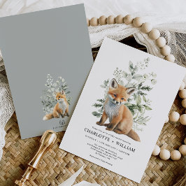 Modern Fox Sage Grönt Botanical Löv Baby Shower Inbjudningar