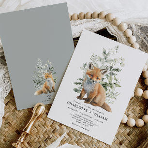 Modern Fox Sage Grönt Botanical Löv Baby Shower Inbjudningar