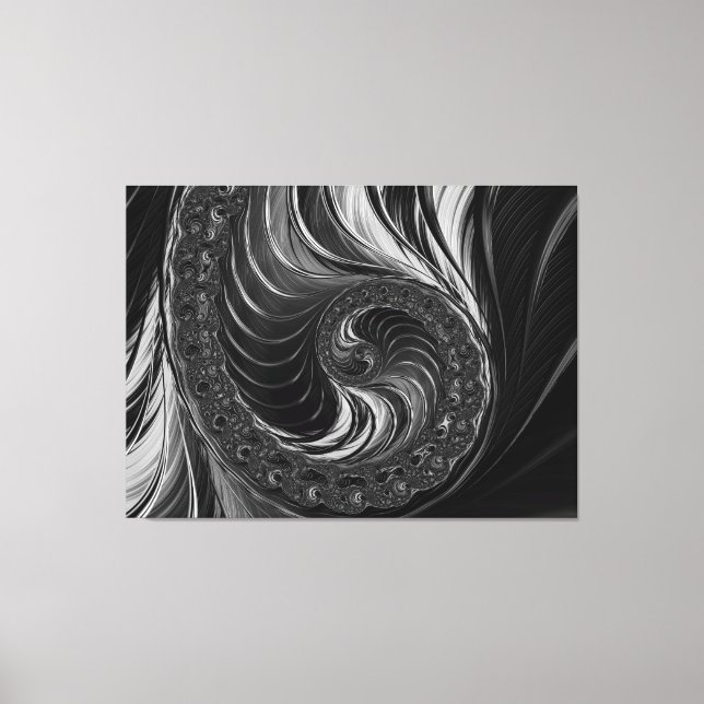 Modern Fractal Black White Metall Nautilus Swirl Canvastryck (Framsida)