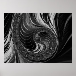 Modern Fractal Black White Metall Nautilus Swirl Poster