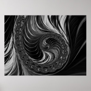 Modern Fractal Black White Metall Nautilus Swirl Poster